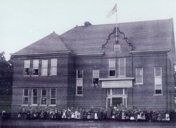 black and white photo of Walhalla Grade School Auditorium