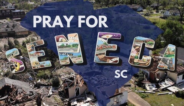 Image secenca tornado damage with text Pray for Seneca SC overlaid