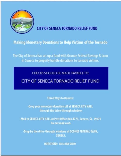 flier about city of seneca tornado relief fund