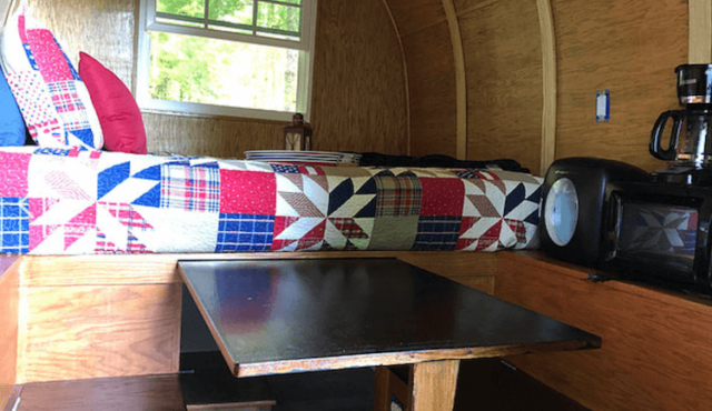 photo of pullout table in the Sheep Wagon