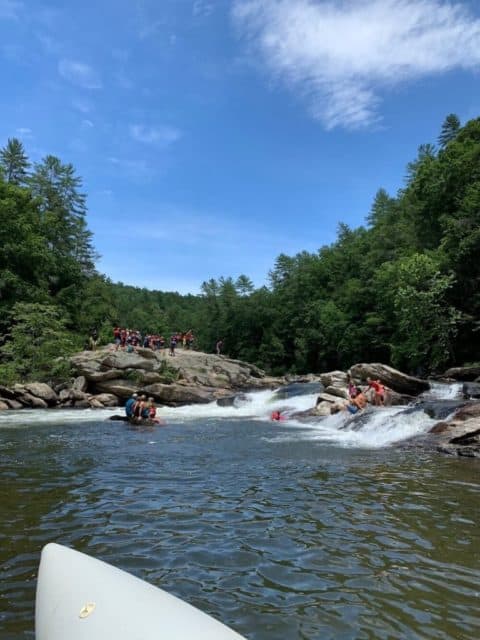 photo from raft looking across Bull Sluice rapid to Big GA rock