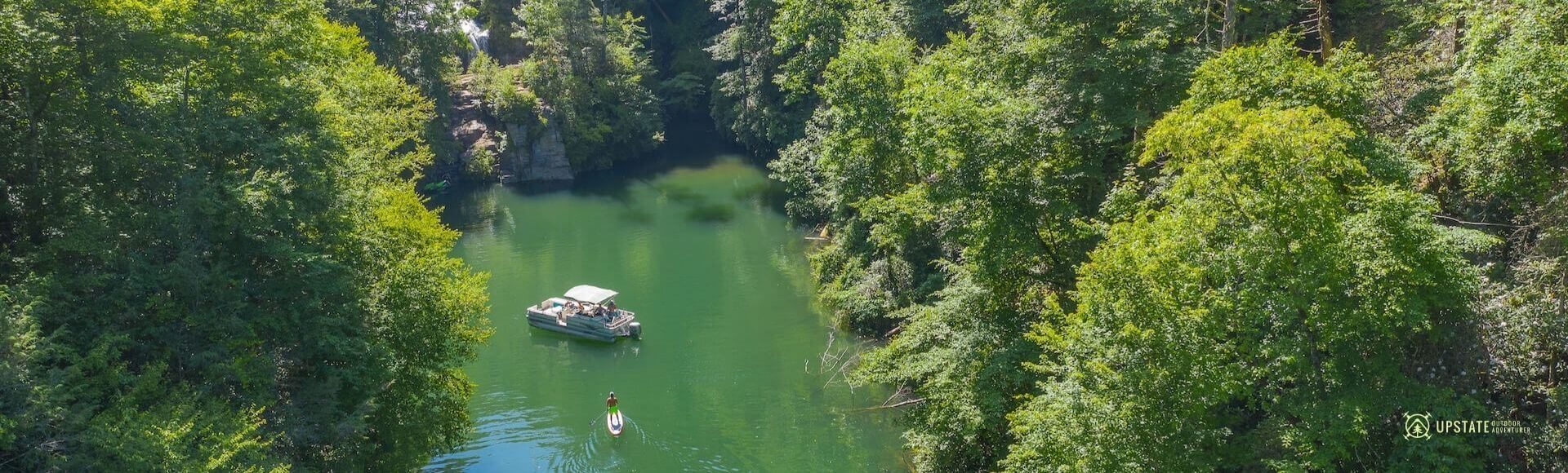 aerial view pontoon boat, SUP on Lake Jocassee