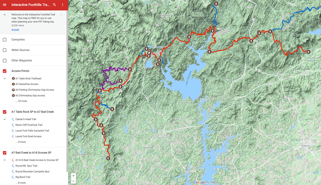 screenshot image of the Foothills Trail interactive map