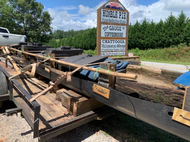 photo of chattooga canoe on trailer at Humble Pie in Long Creek, SC