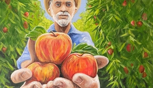 image of painting by Melody Davis of an apple farmer