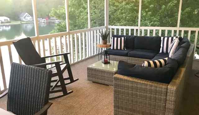 photo of screen porch on lake house