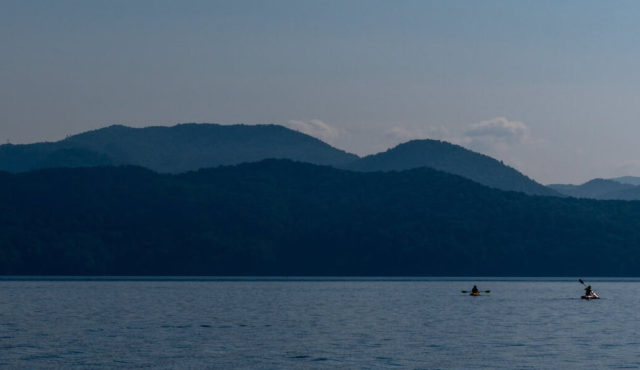 photo of kayaks on Jocassee at dusk