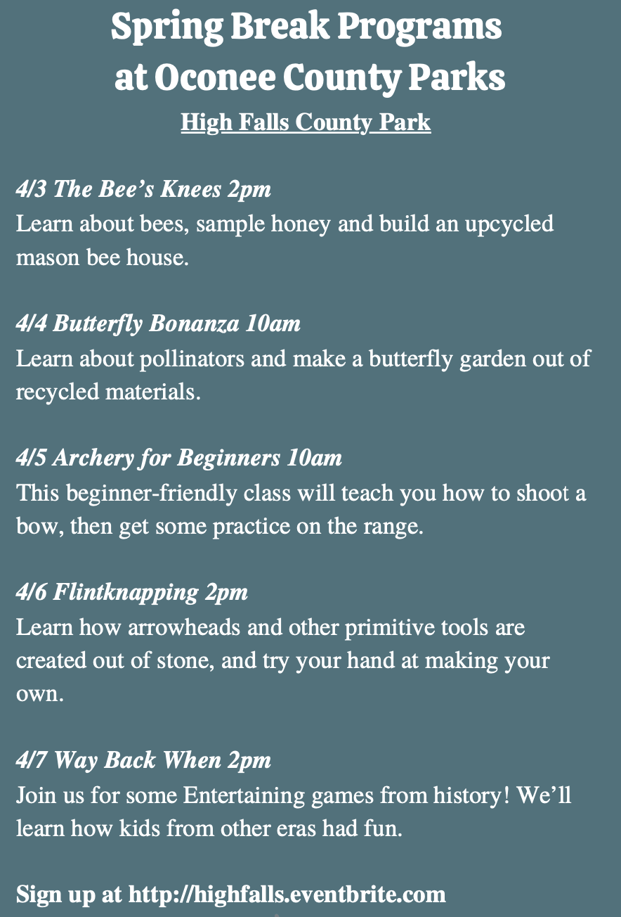 Spring break programs at High Falls