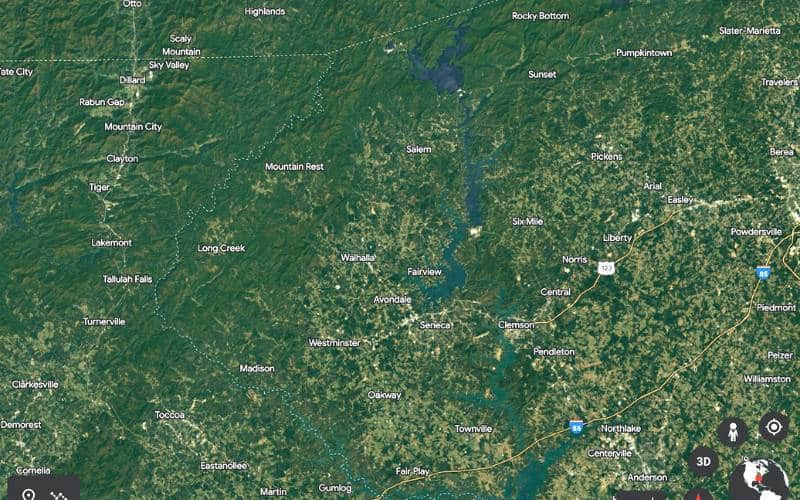 image of Google Earth map of Oconee County sc