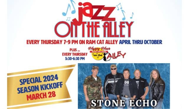 flier for Jazz on the Alley 2024 kickoff with Stone Echo