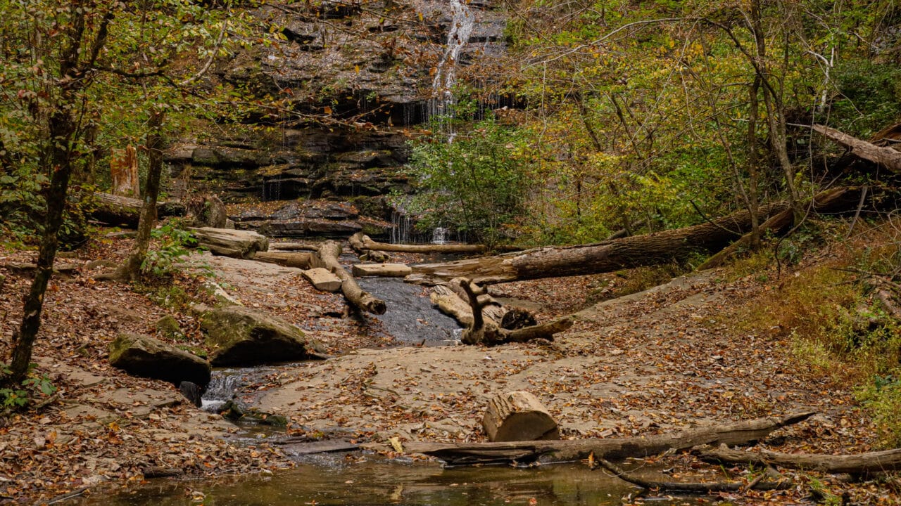 Waterfall surrounded by autumn leaves and trees in Oconee County; ideal for familyfriendly fall hikes.